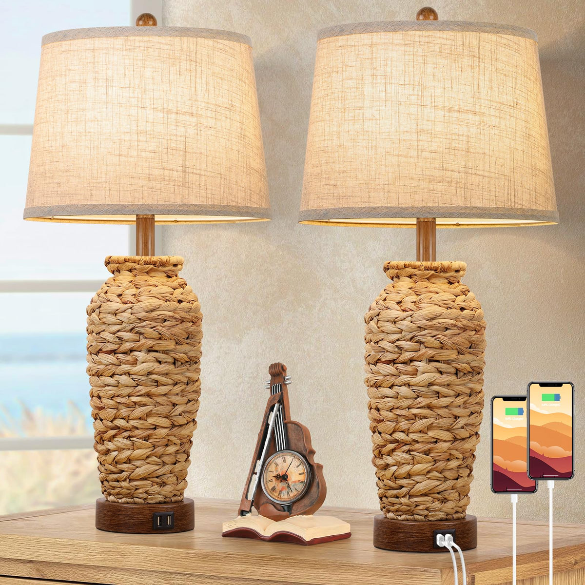 TOBUSA set of 2 rattan lamps with seagrass weave for cozy living room ambiance