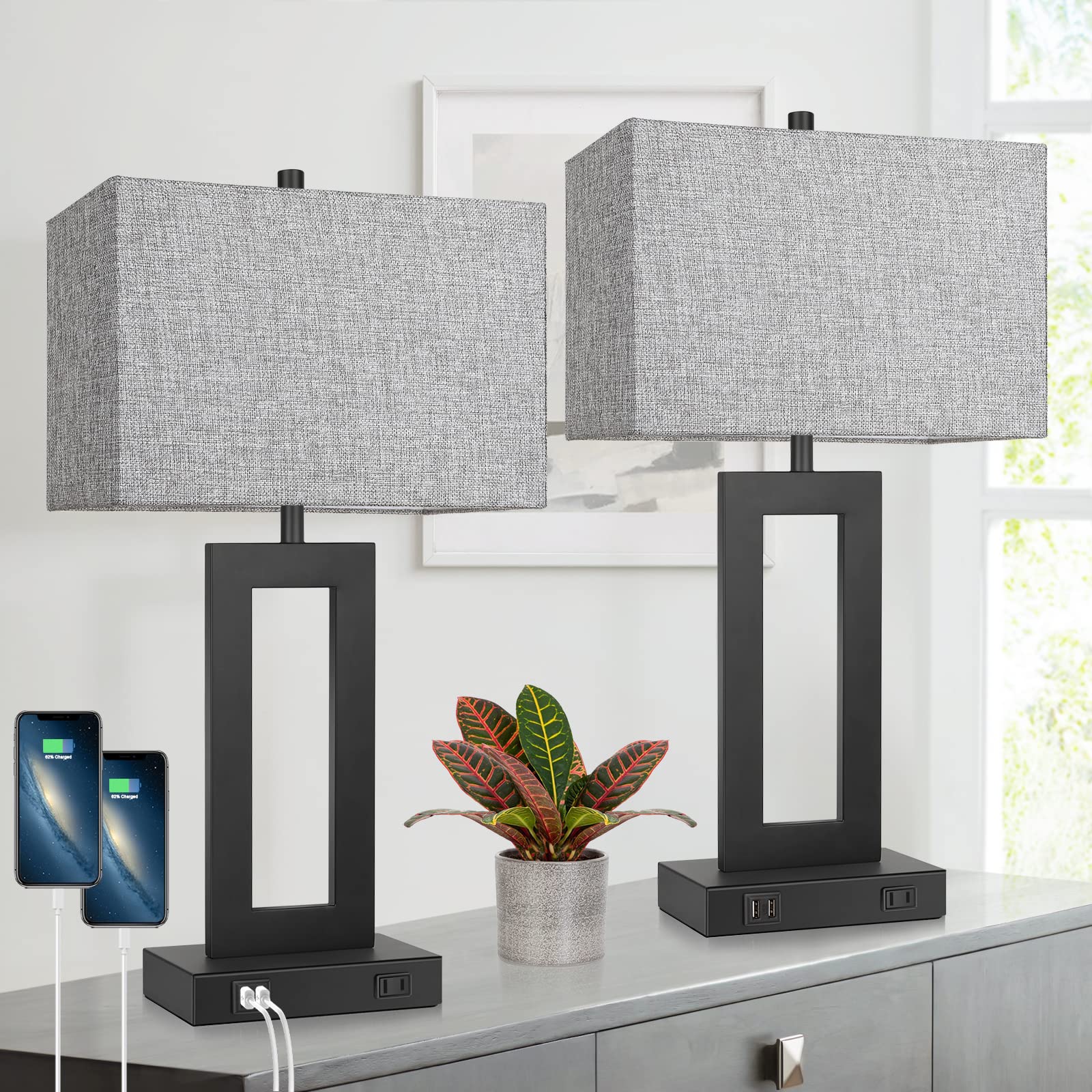 TOBUSA set of 2 lamps on table providing ambient bedside lighting.
