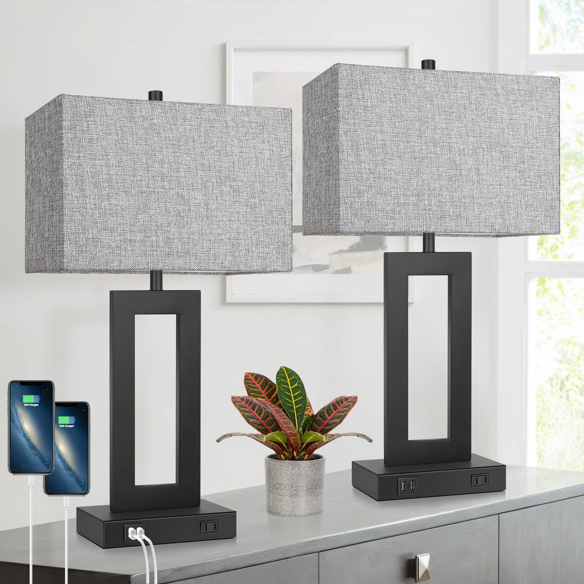 TOBUSA set of 2 lamps on table providing ambient bedside lighting.