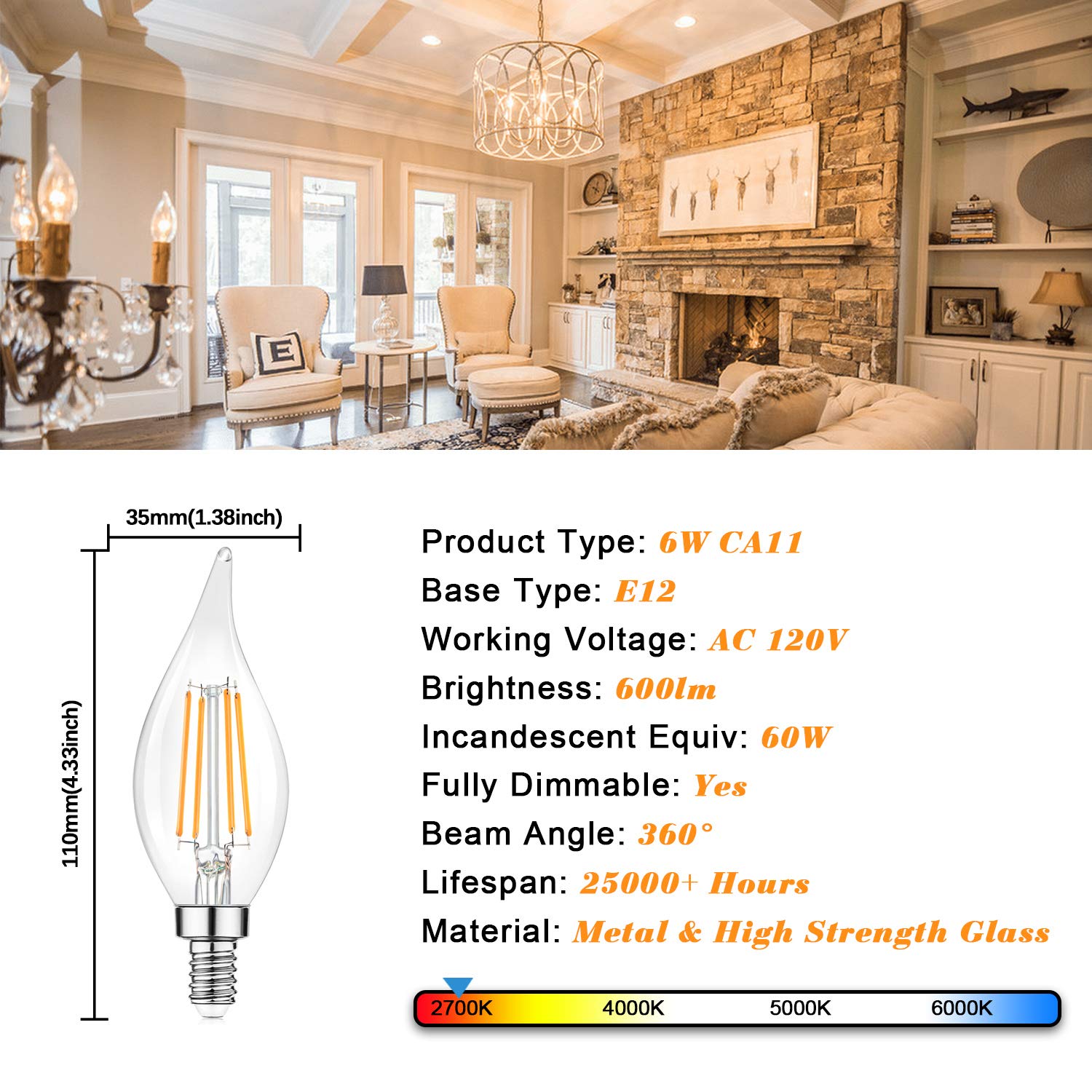 TOBUSA warm white 2700K 600lm LED bulb for cozy home ambience.