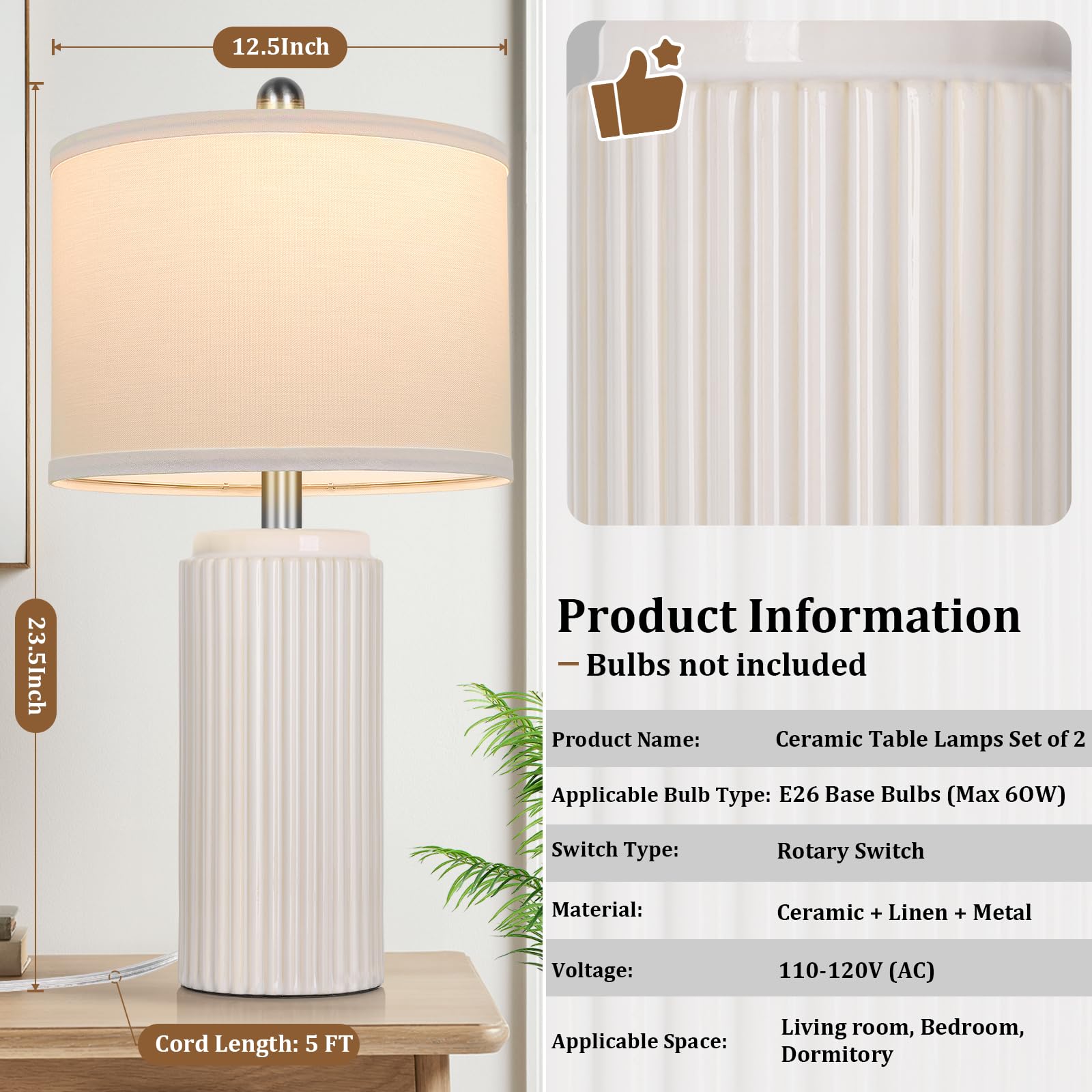 TOBUSA table lamp with white linen shade for diffuse, comfortable light