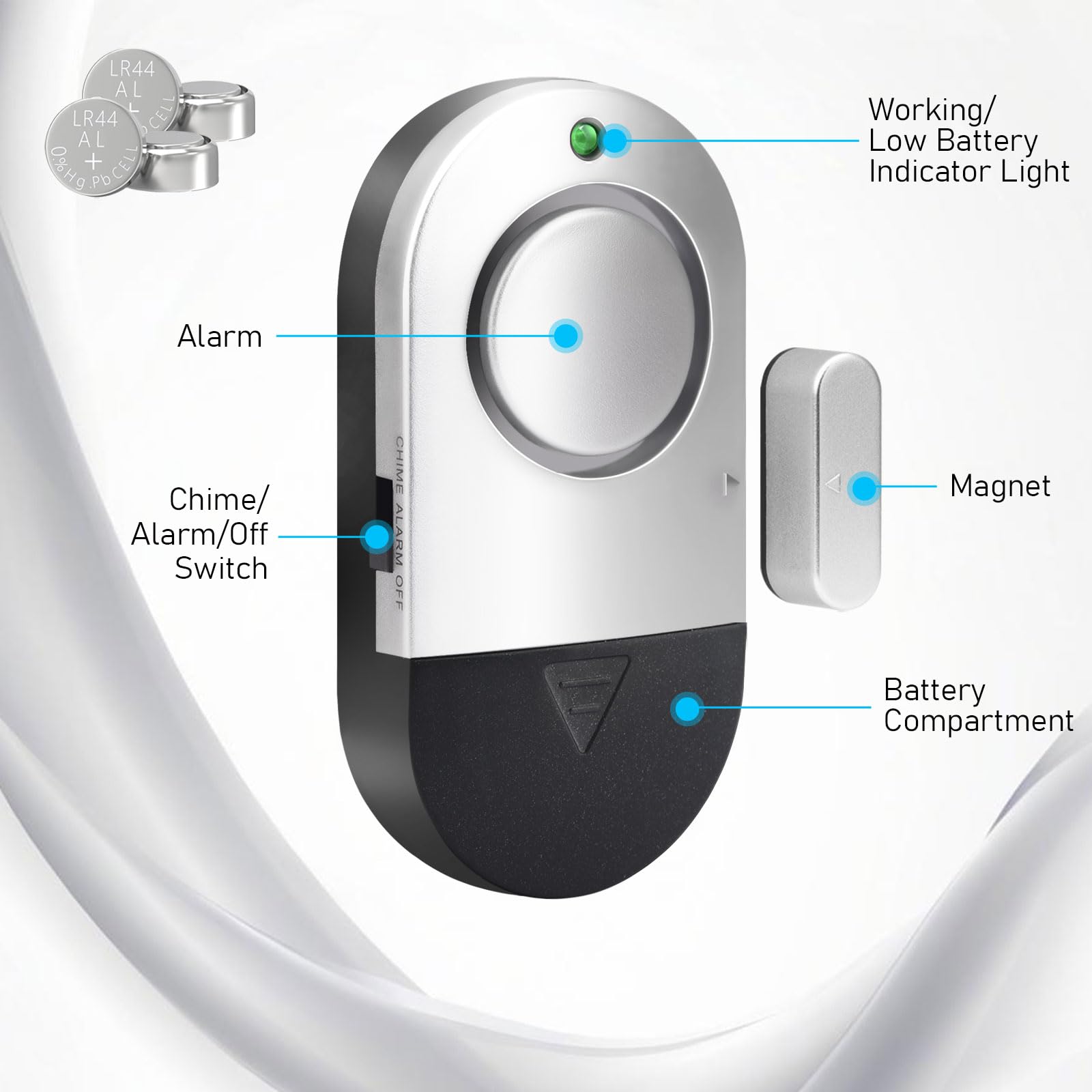 Toeeson alarm adhesive mount shows wire-free installation