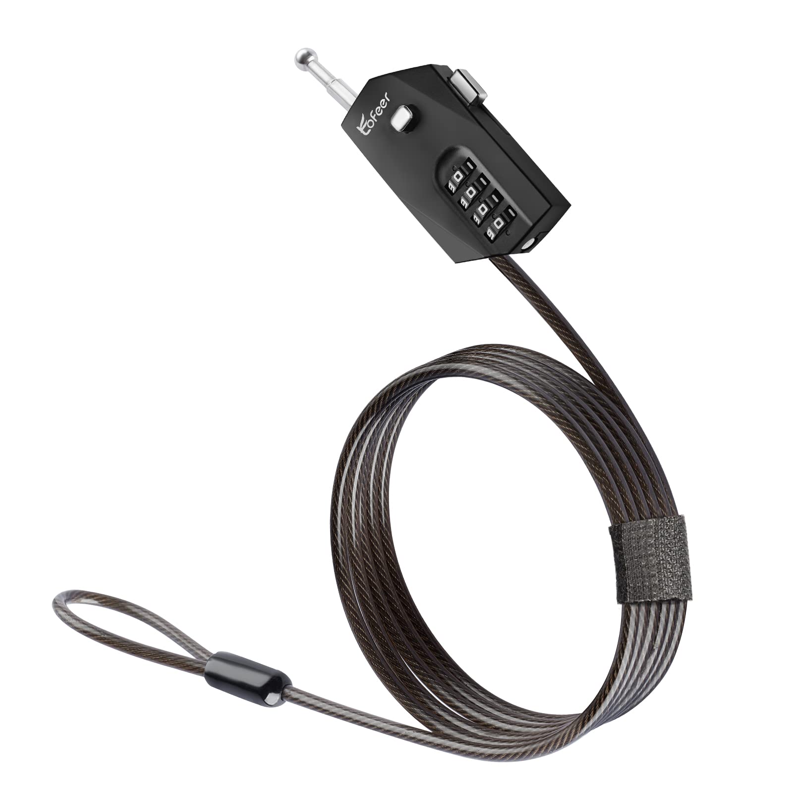 Tofeer adjustable cable lock close-up shows zinc alloy body and steel cord for rugged travel security.