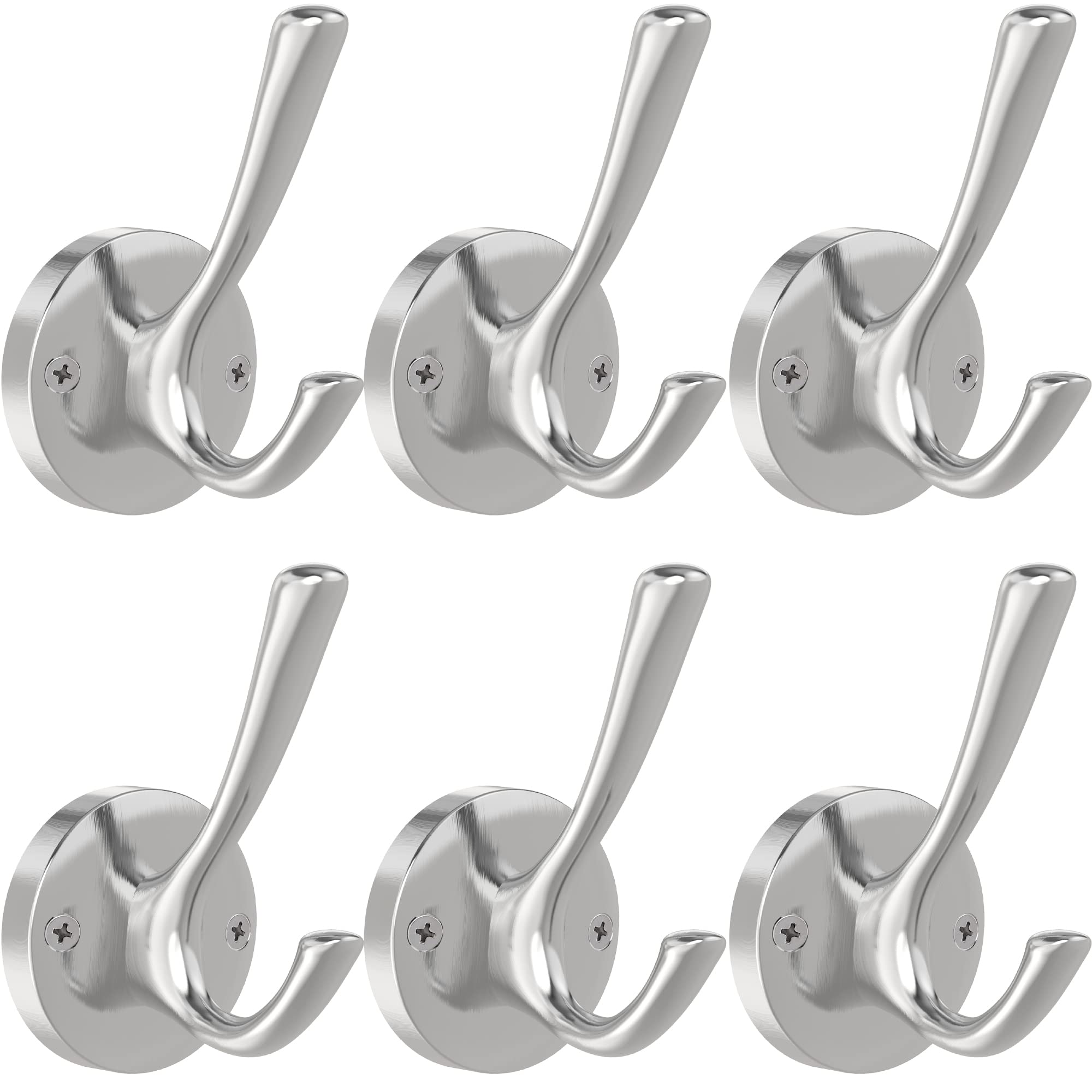 TOFIIGREM brushed nickel wall hooks set of six with sturdy double hooks, perfect for coats and towels
