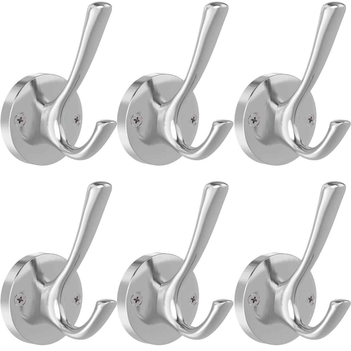 TOFIIGREM brushed nickel wall hooks set of six with sturdy double hooks, perfect for coats and towels