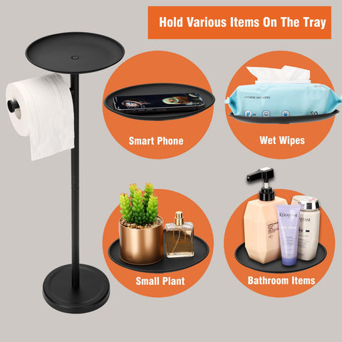 ToFix freestanding toilet paper holder fits neatly between cabinet and toilet for compact spaces.