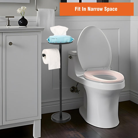 ToFix freestanding toilet paper holder with black matte finish resists rust and looks sleek.