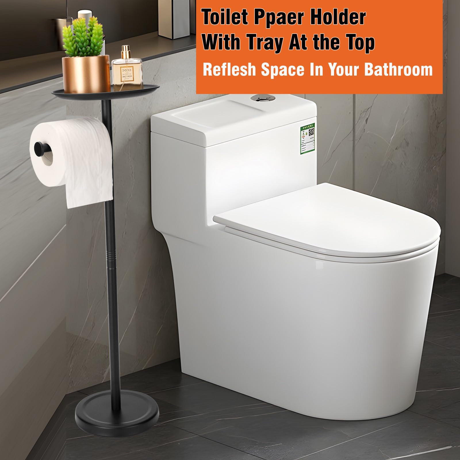 ToFix freestanding toilet paper holder top tray keeps phone and keys within easy reach.