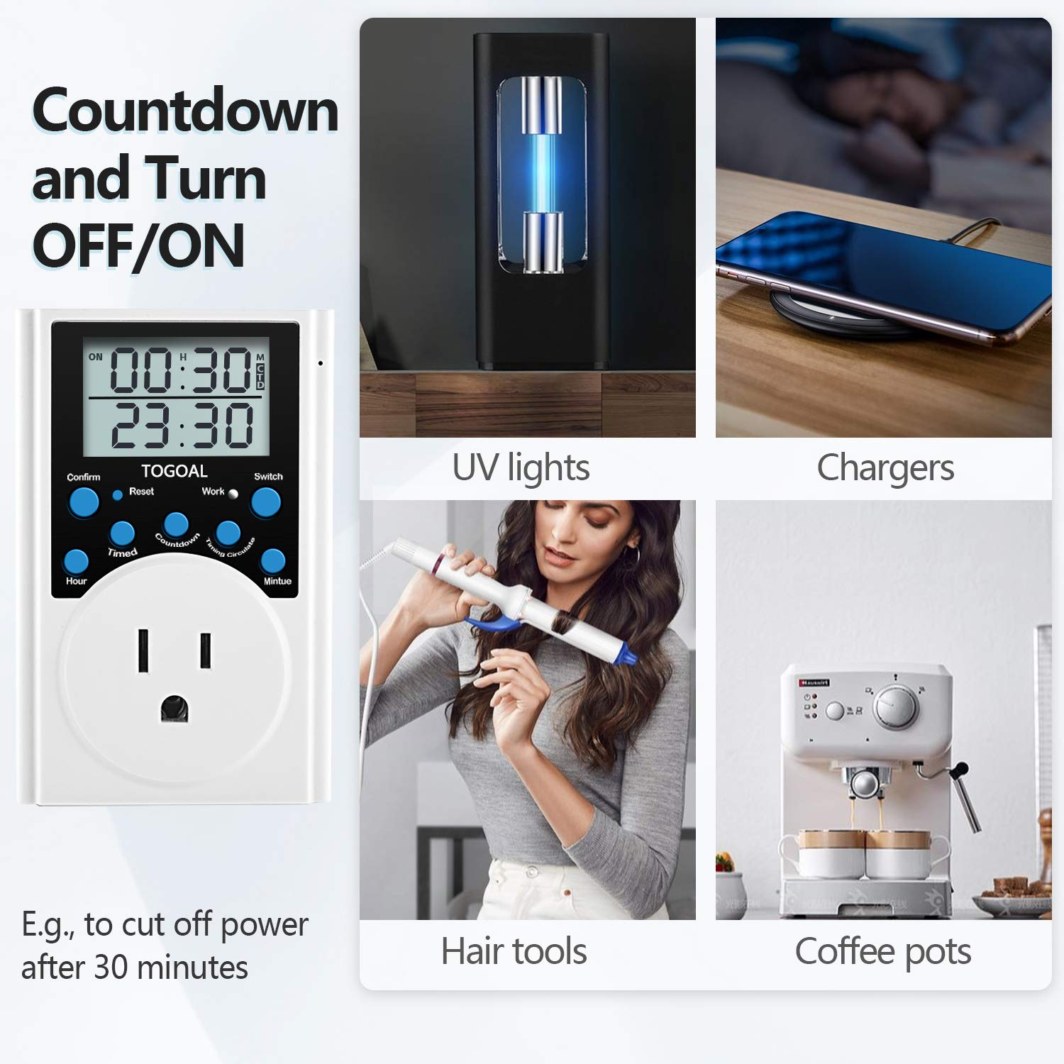 TOGOAL digital timer plug back view shows compact indoor use and reliable power cycling.