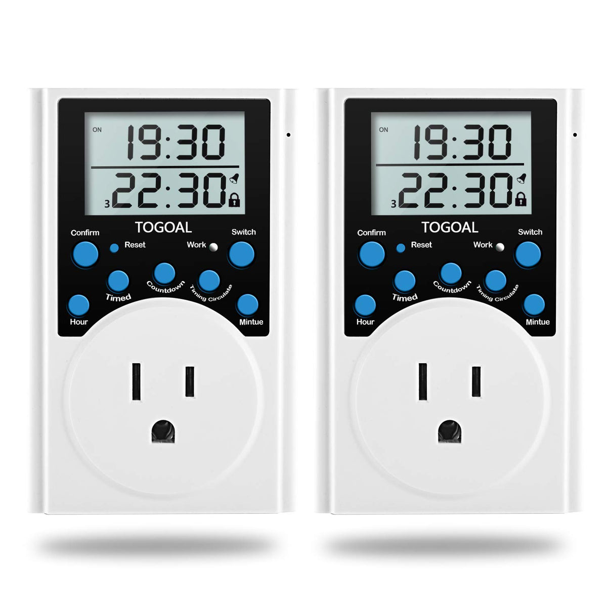 TOGOAL digital timer plug front view with LCD display and three on-off programs for energy management.