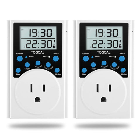 TOGOAL digital timer plug front view with LCD display and three on-off programs for energy management.