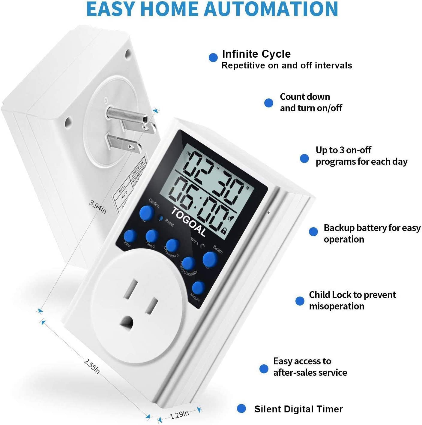 TOGOAL digital timer plug packaging illustrates 2-pack value and simple setup.