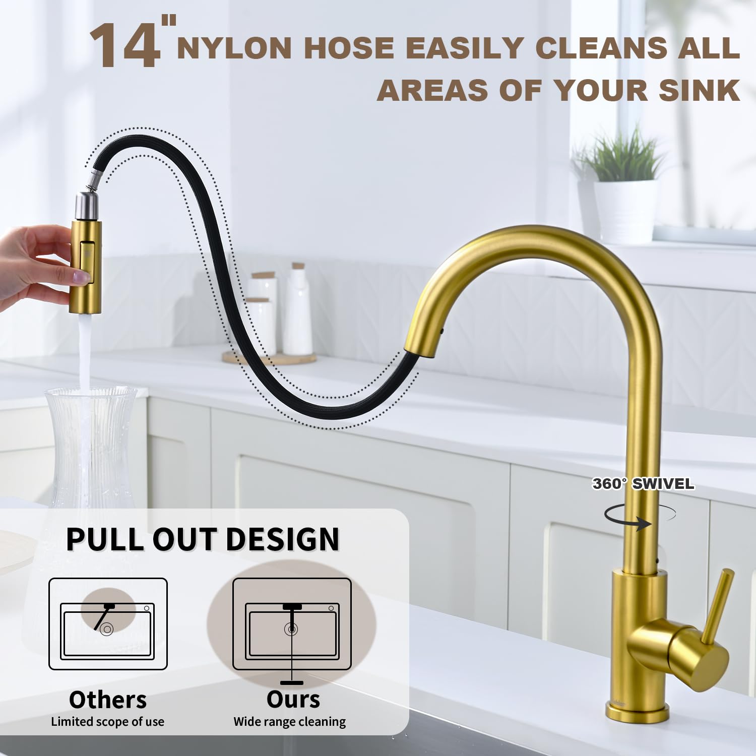 Tohlar Gold faucet in brushed finish resists tarnish for lasting elegance.