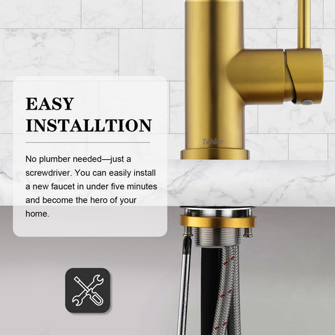 Tohlar Gold faucet suits kitchens, bars, laundry, and RVs.
