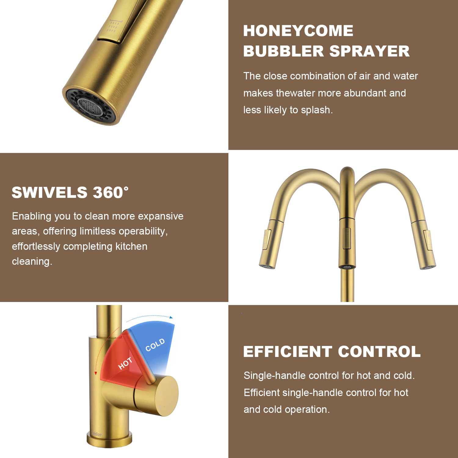 Tohlar brushed gold finish withstands daily use.