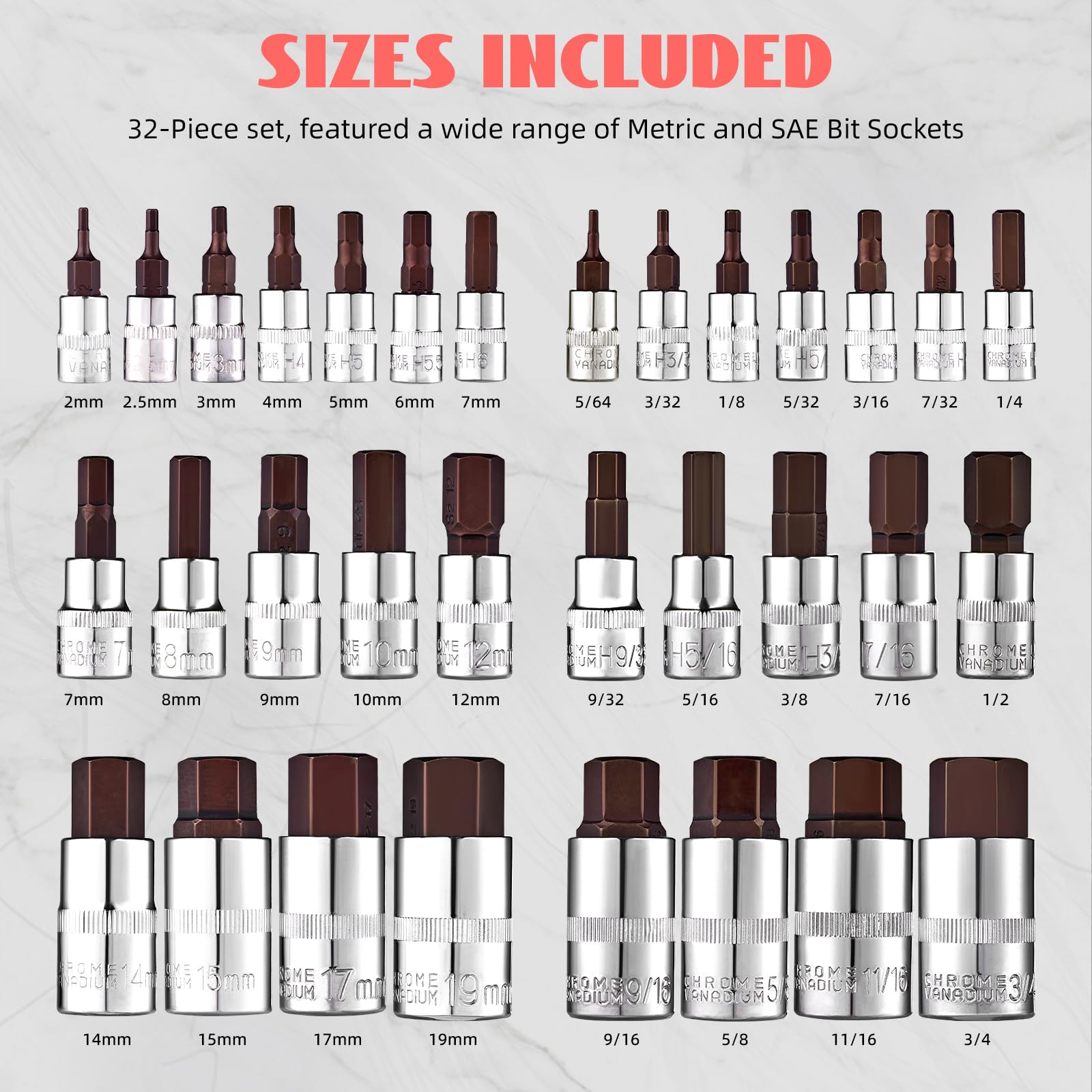 TOHOME hex bit socket set with 3/8 inch drive for mid-size fasteners