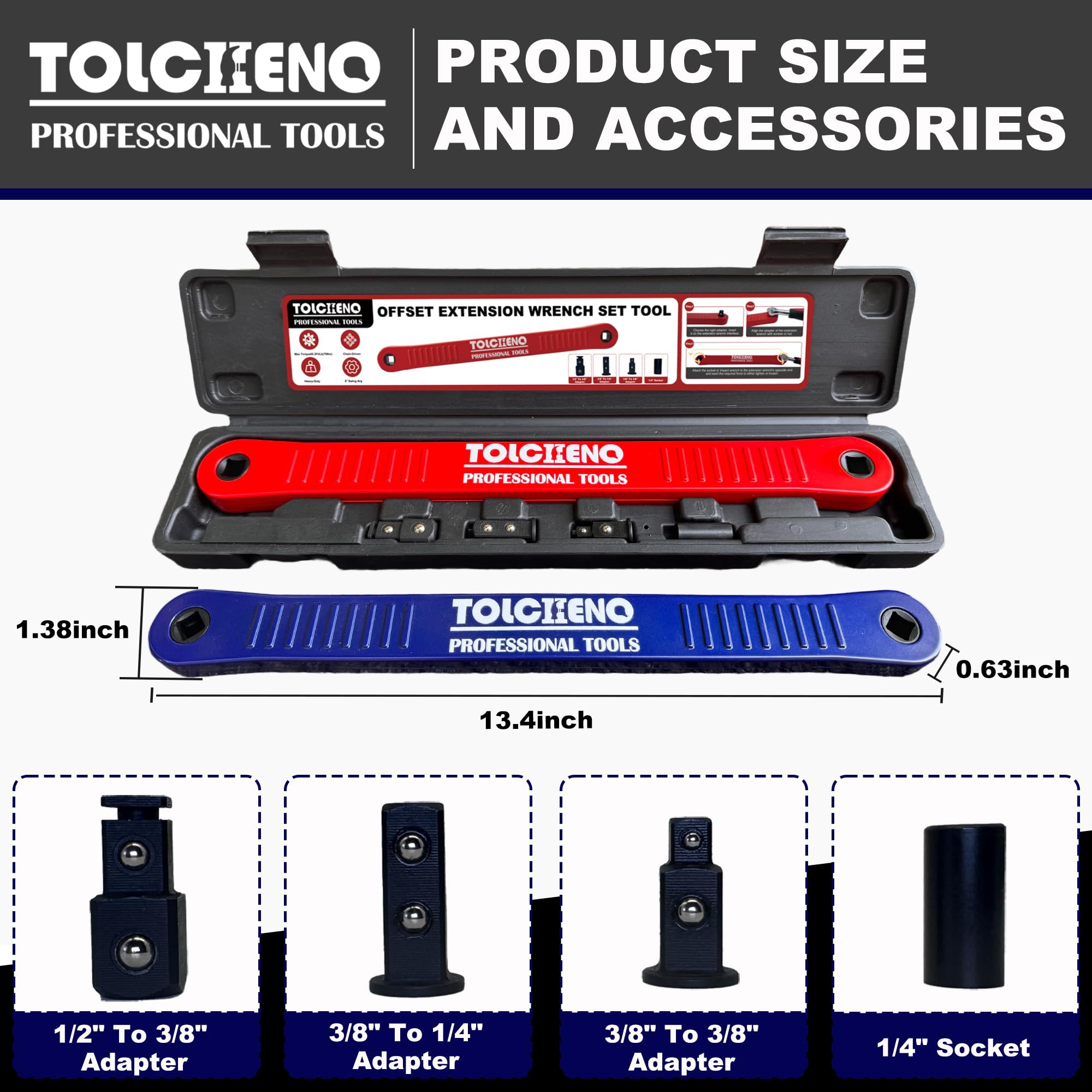 Tolcheno 1/4-inch socket adapter for versatile reach.