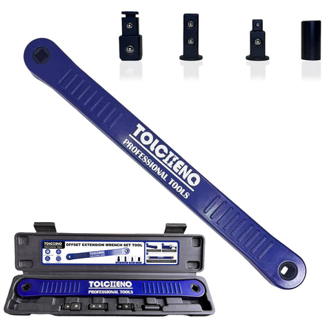 Tolcheno offset extension wrench set in blue handles for tight spaces.