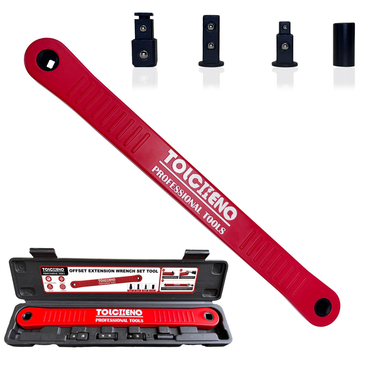 TOLCHENO offset extension wrench closeup reveals durable red finish and premium build