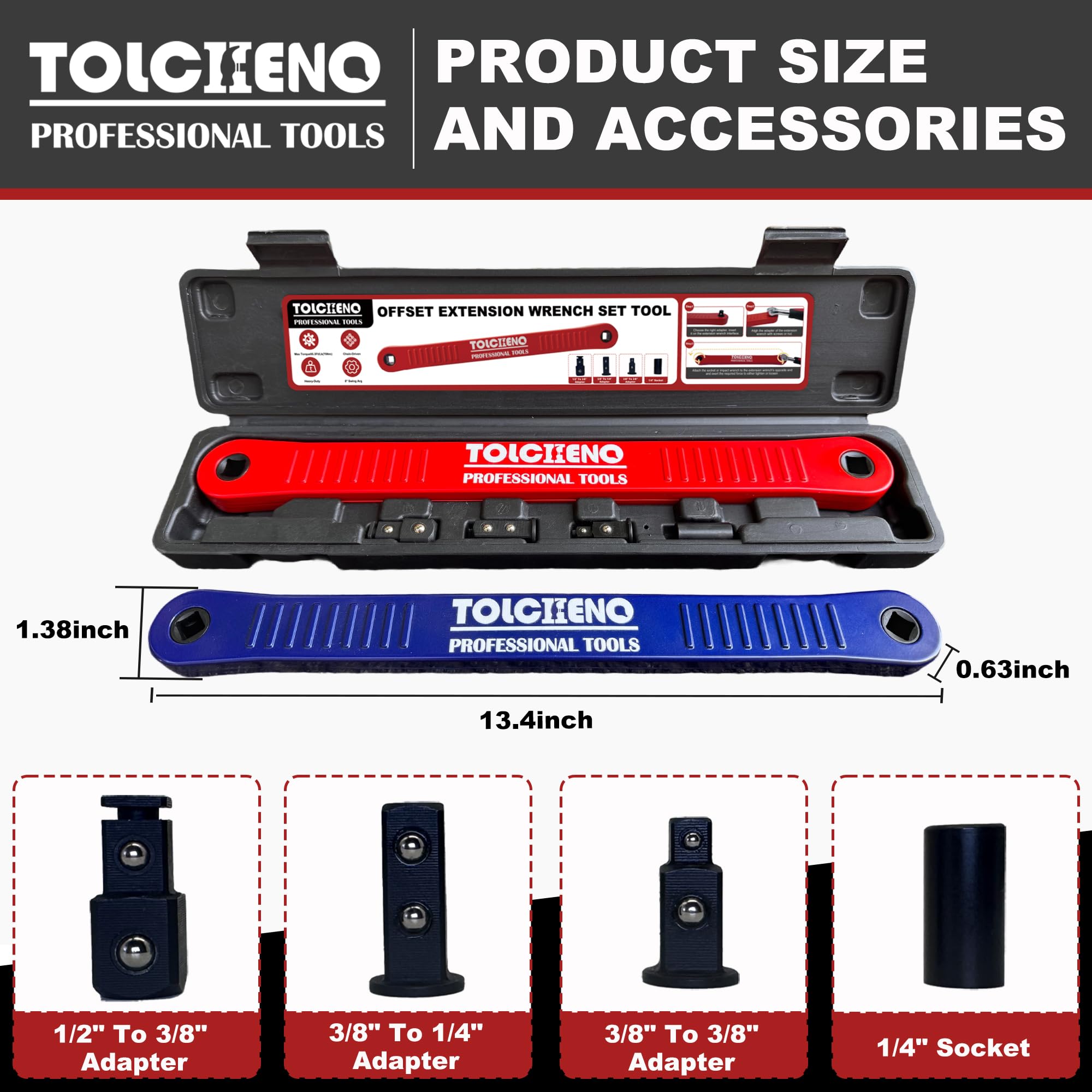 TOLCHENO offset extension wrench attached to a ratchet for quick reach