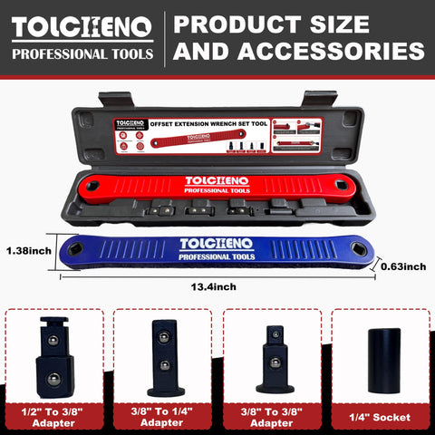 TOLCHENO offset extension wrench attached to a ratchet for quick reach