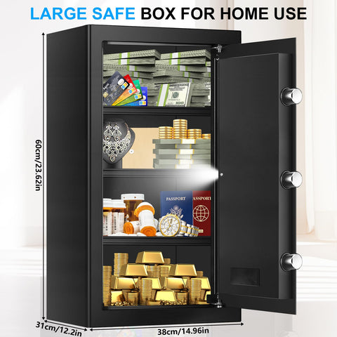 TOLEBLID safe interior with removable shelves organized for laptops, cash, and small valuables.