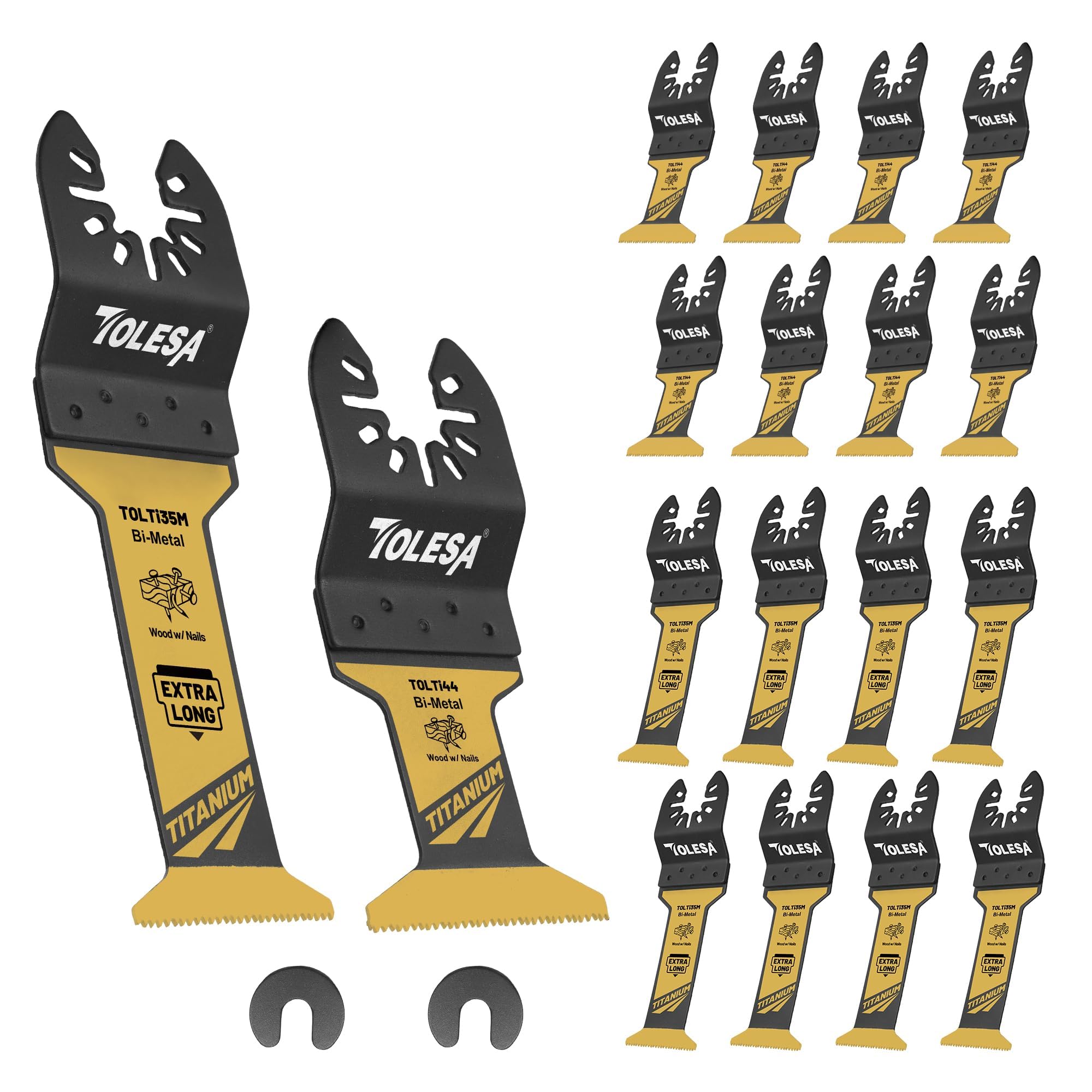 TOLESA 16pcs titanium blades laid out for versatile metal and wood cuts.