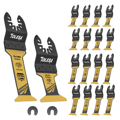 TOLESA 16pcs titanium blades laid out for versatile metal and wood cuts.