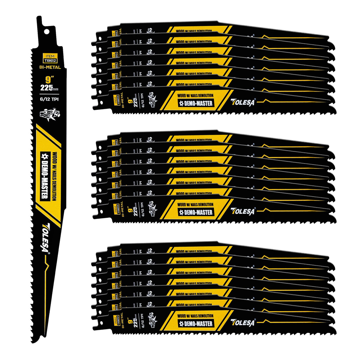 TOLESA 9-inch bi-metal demolition blades for quick cuts through nail-embedded wood