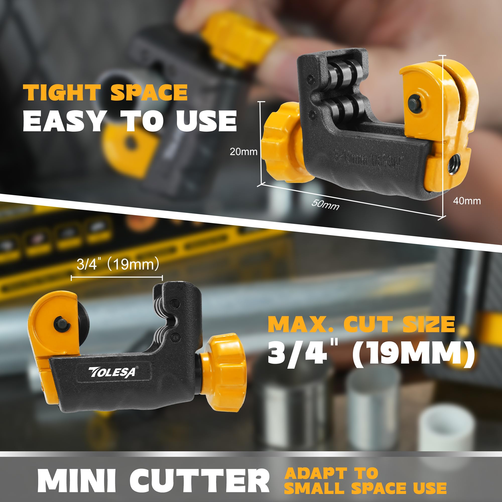 TOLESA pipe cutter tool adjustable knob close-up highlights secure clamping.