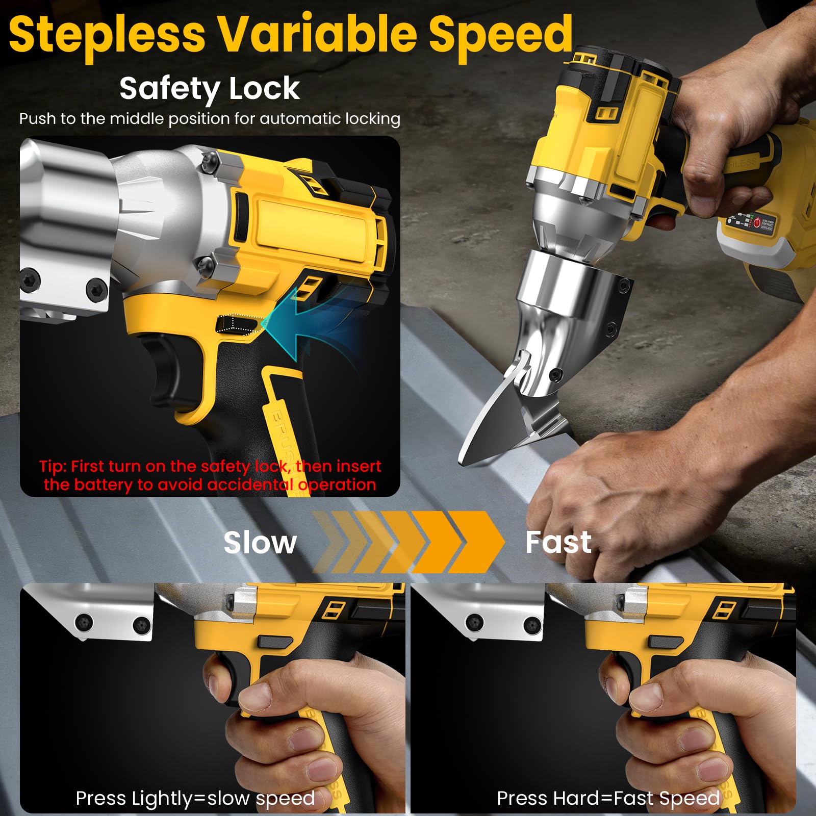 Tollkye brushless motor delivers powerful cuts across stainless steel and sheet metal.