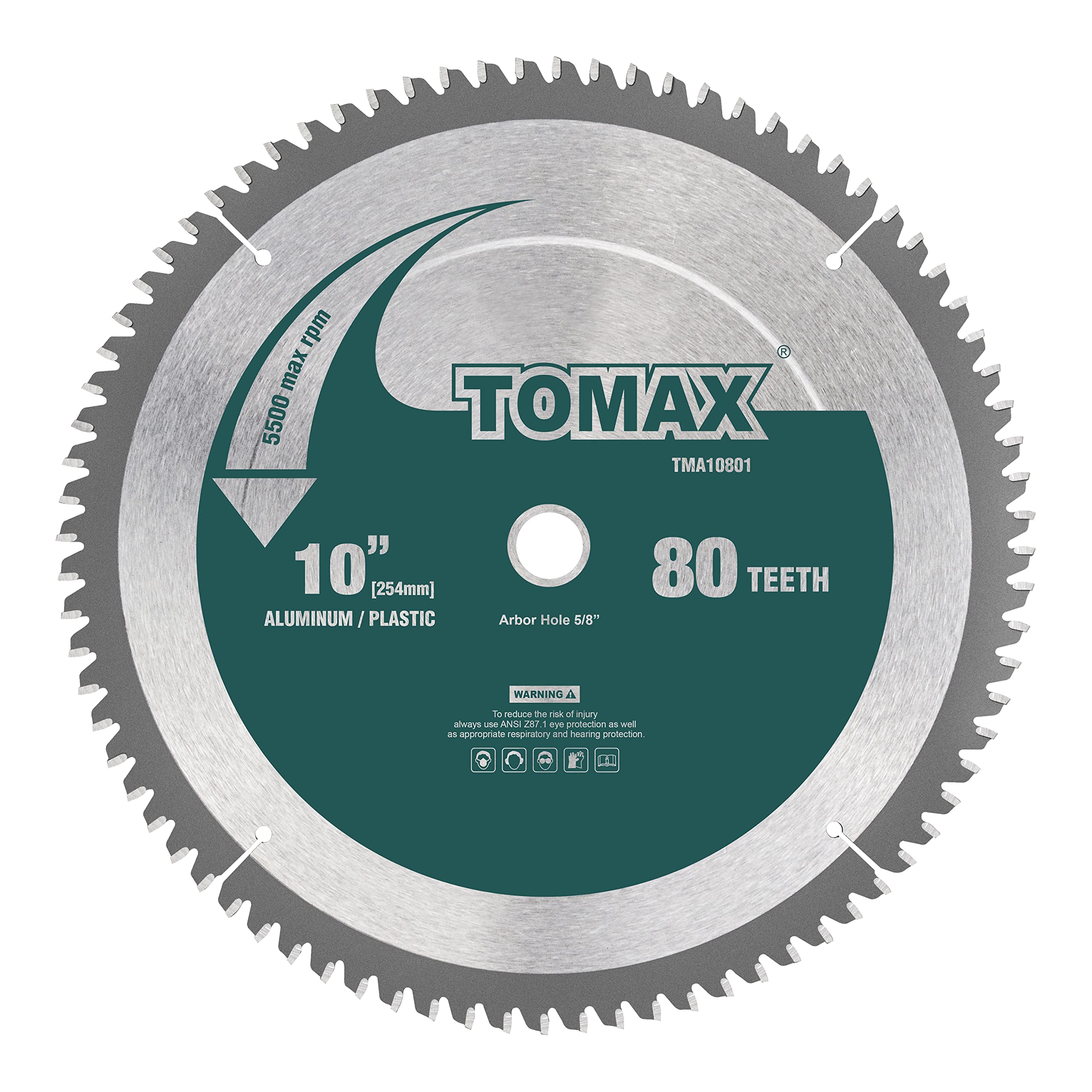 TOMAX 10-inch 80-tooth TCG blade close-up of carbide teeth for precise cuts.