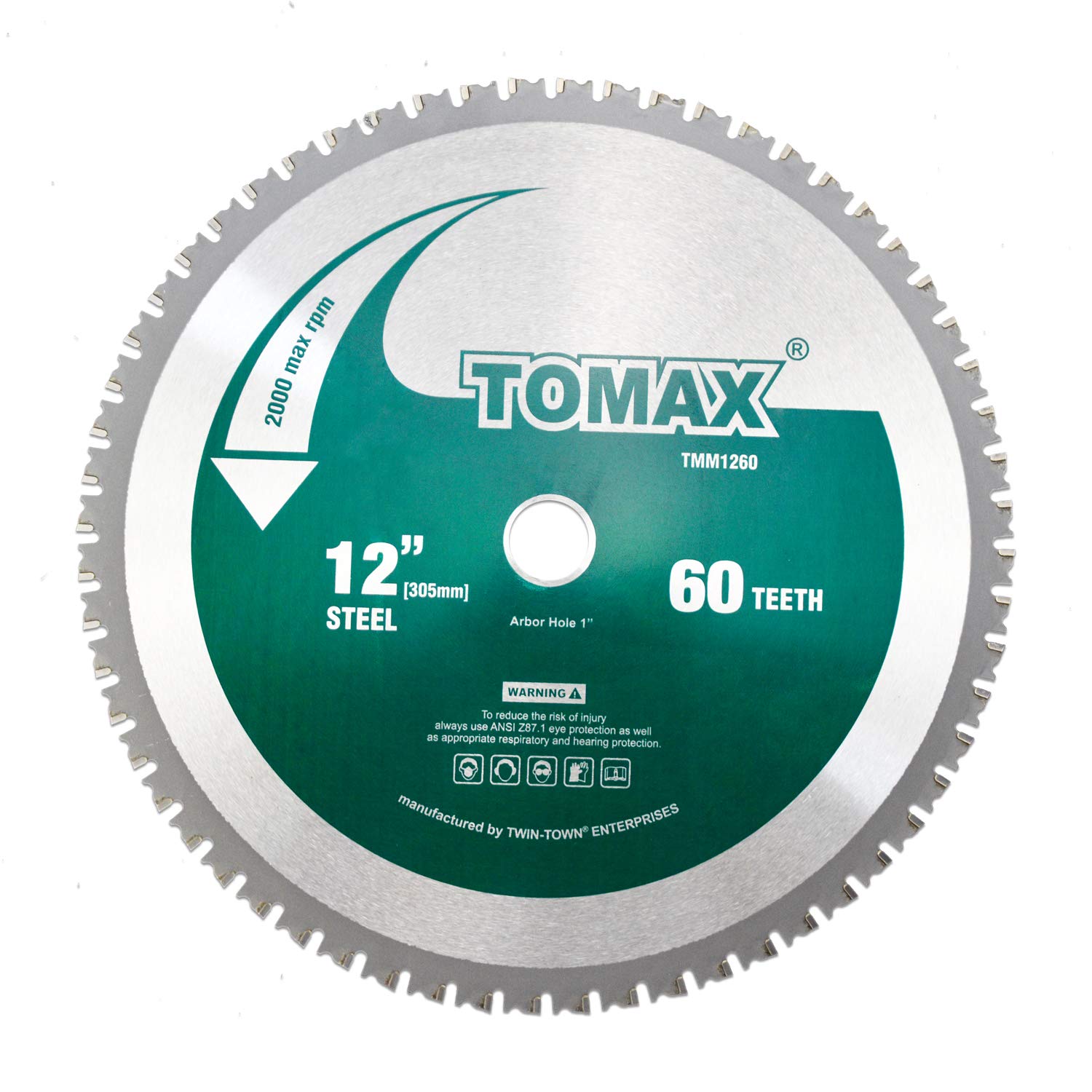TOMAX 12-inch blade close-up showing durable cermet teeth for longer life