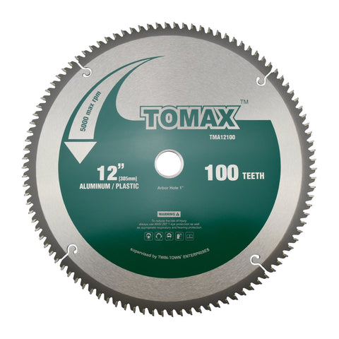 TOMAX 12-inch 100-tooth TCG blade with 1-inch arbor for aluminum and non-ferrous metal cutting.