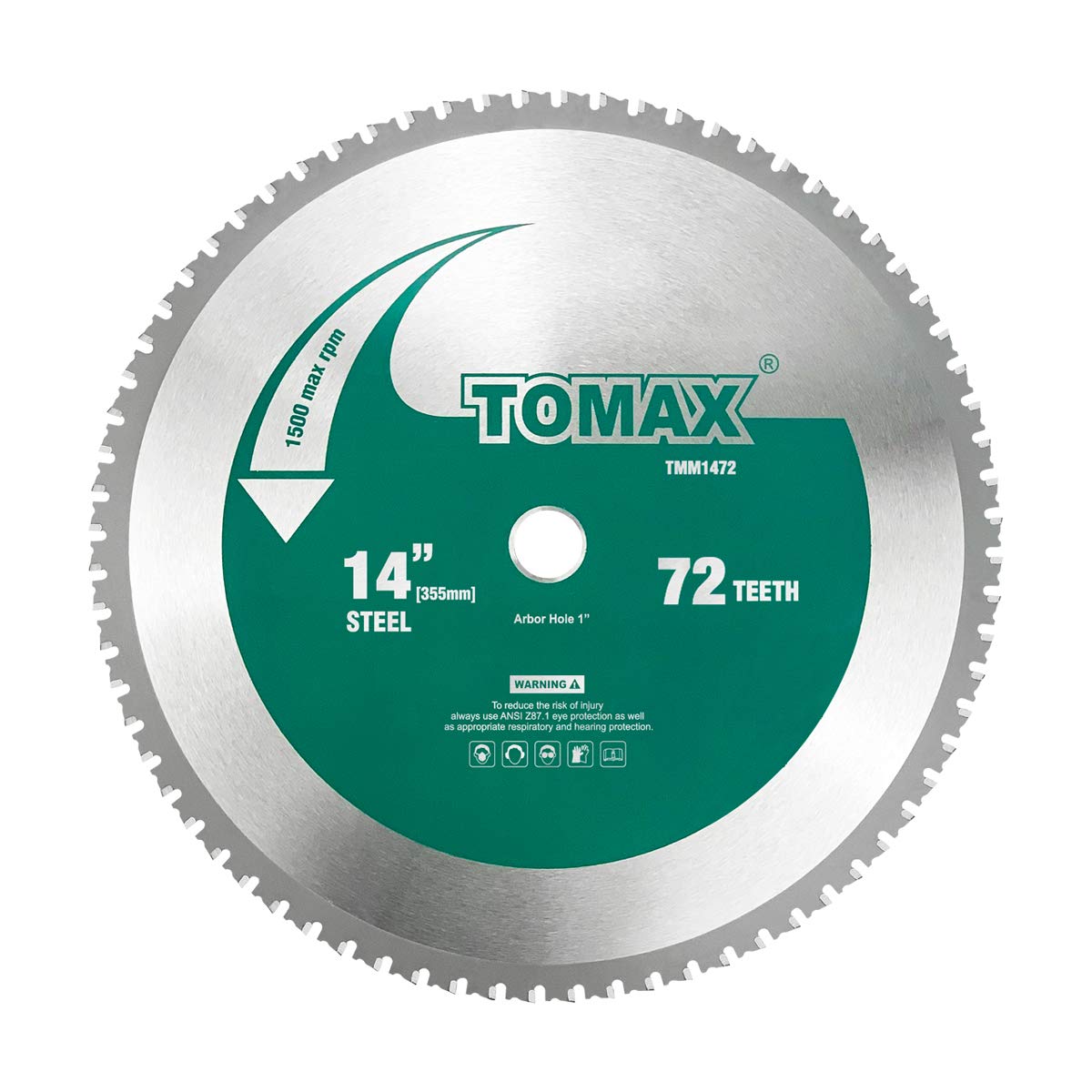 Tomax 14in 72T industrial saw blade in action for ferrous metal cutting with 1in arbor.