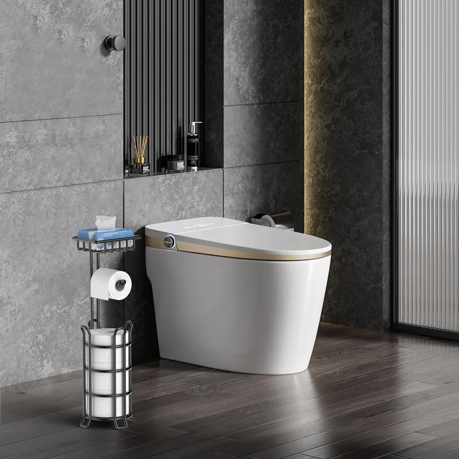 TomCare bathroom organizer stand fits bathrooms, kitchens, and living rooms.