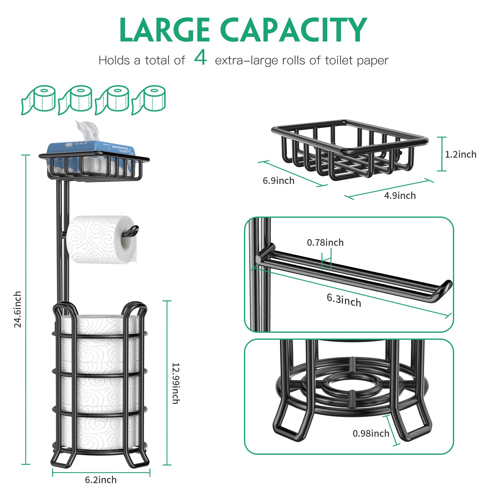 TomCare free-standing dispenser stores three spare rolls neatly for quick replacements.