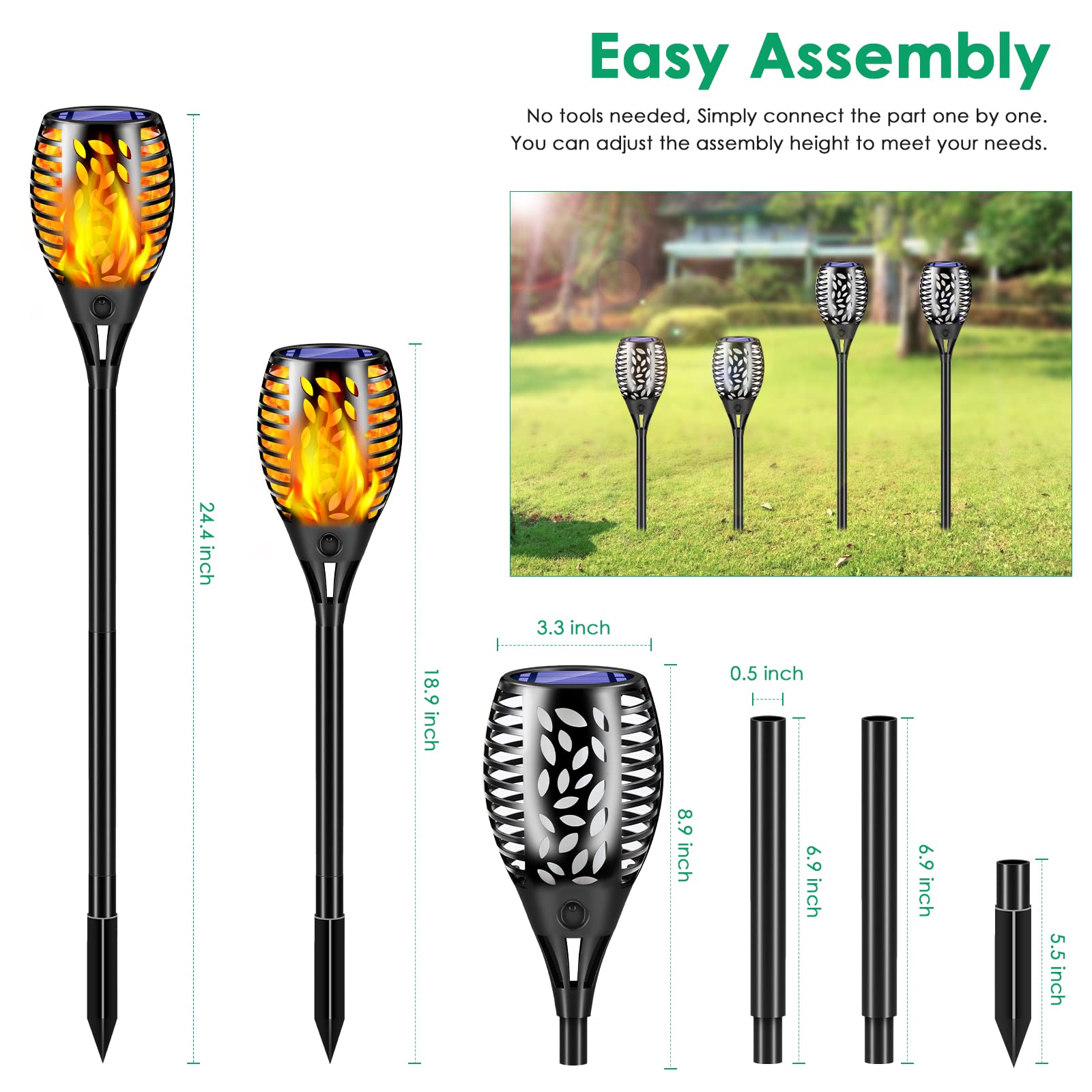 TomCare no-wiring torch lights install quickly along paths or patios.