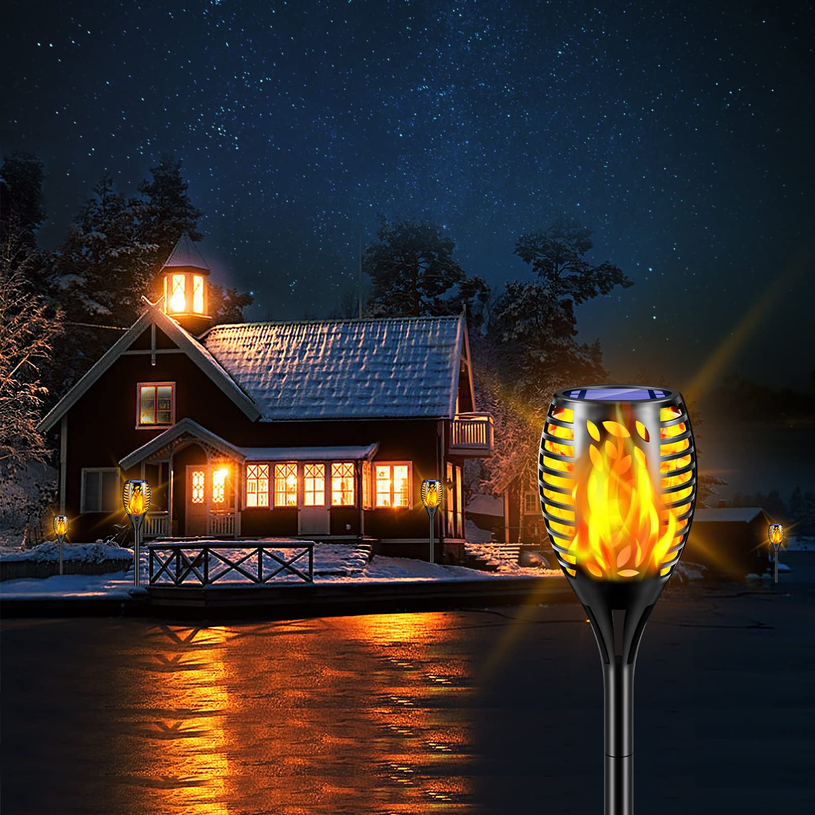 TomCare pathway-illumination torches emit warm yellow glow along walkways.