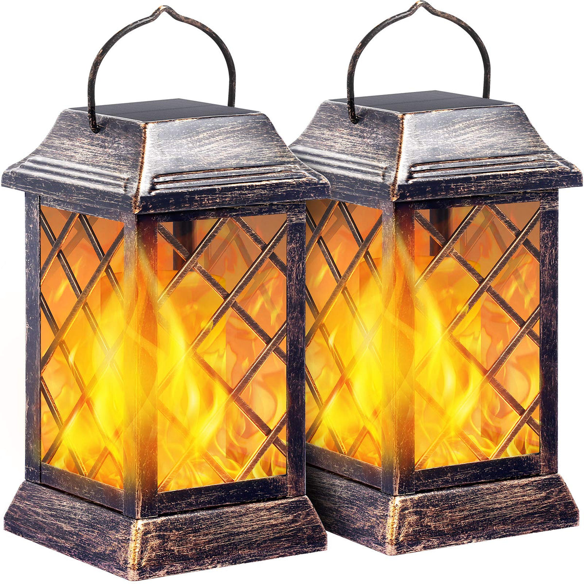 TomCare solar flame lantern bronze hanging, warm ambience for patios.