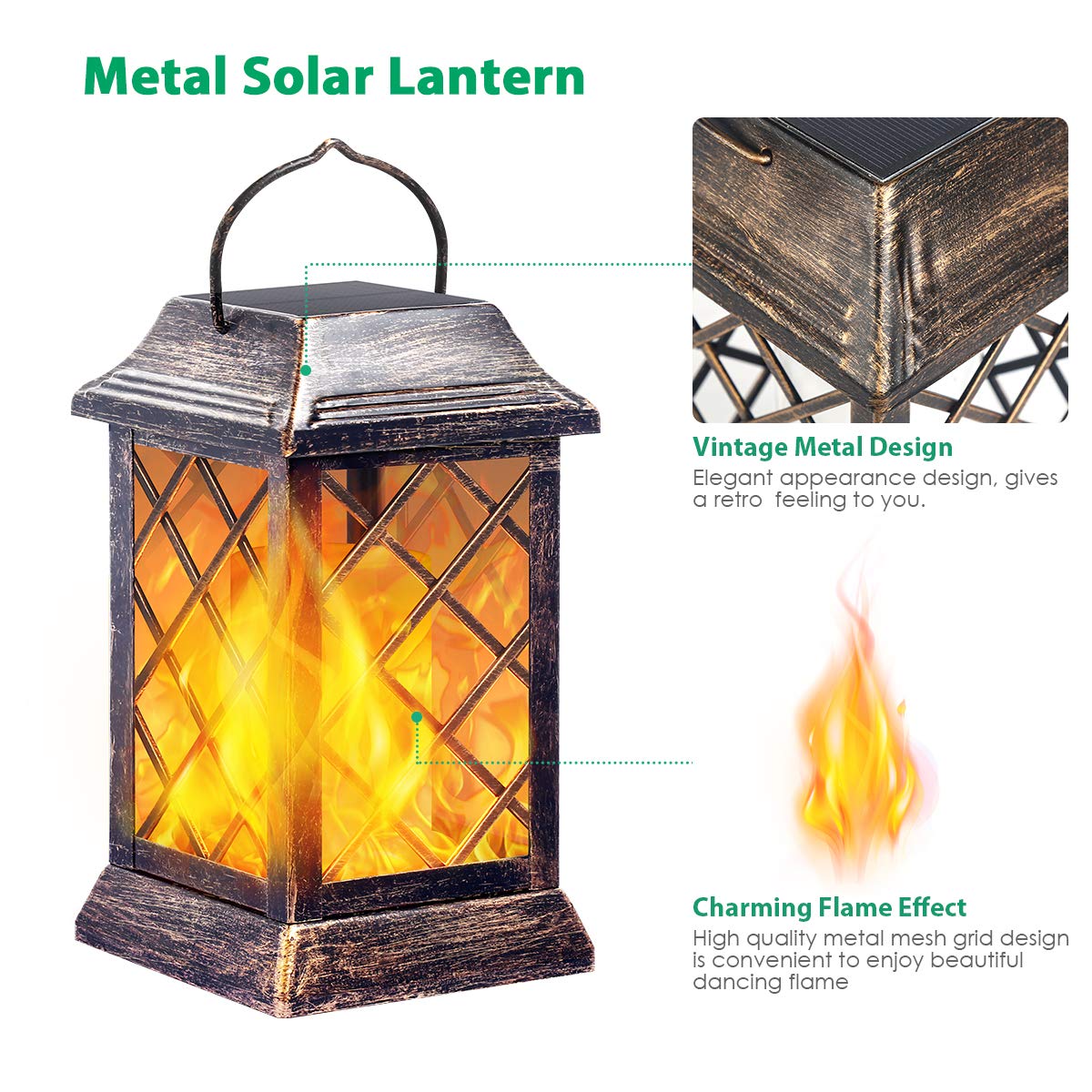 TomCare bronze solar flame lantern on tabletop for cozy evenings.