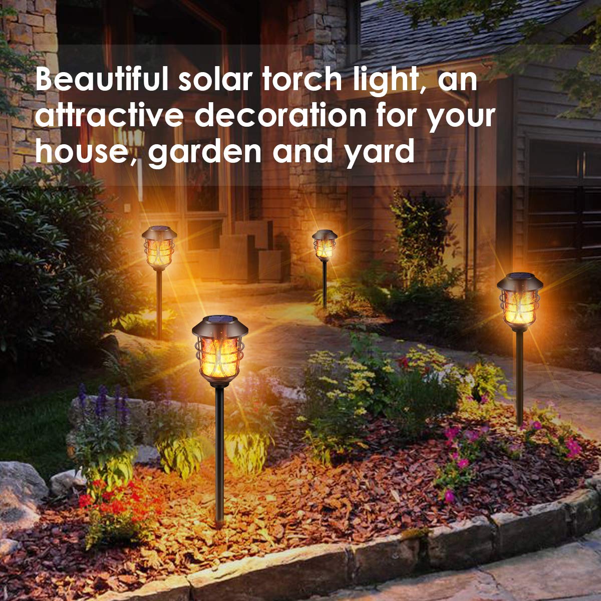 TomCare solar flame torch by the driveway guides guests after dark.