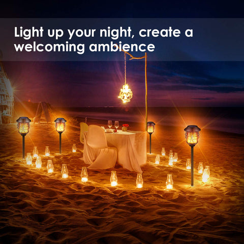 TomCare solar flame torch at entry adds decorative, weatherproof lighting.