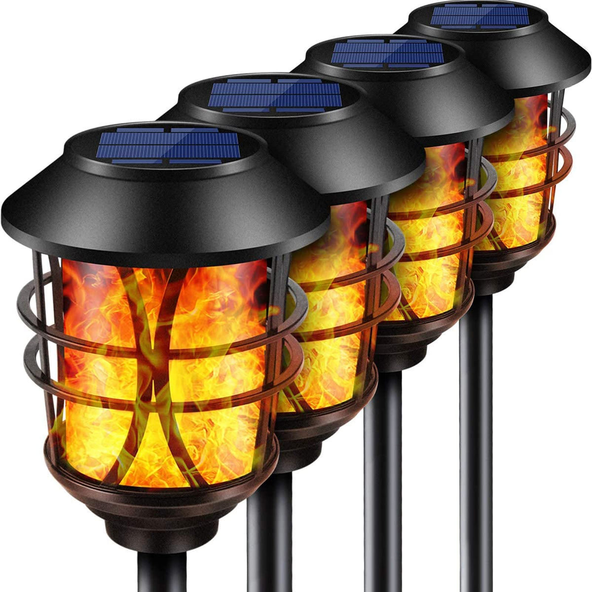 TomCare solar flame torch in the garden, creating inviting evening ambiance.