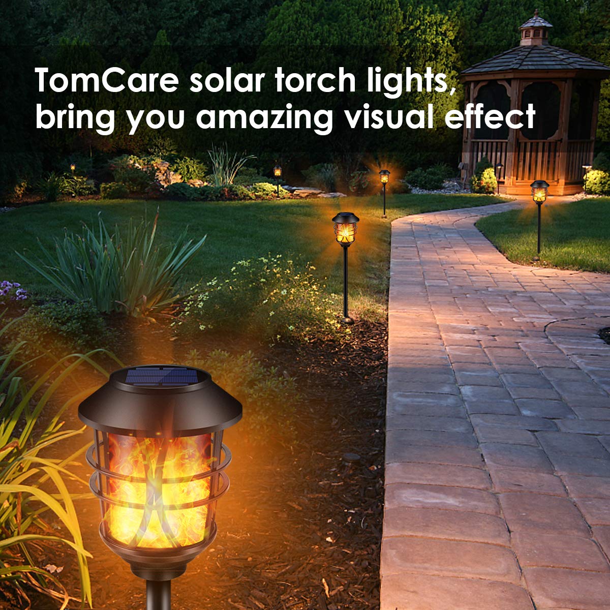TomCare solar flame torch with stake installation for easy setup.