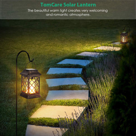 TomCare solar-powered lantern provides ambient light for outdoor spaces.