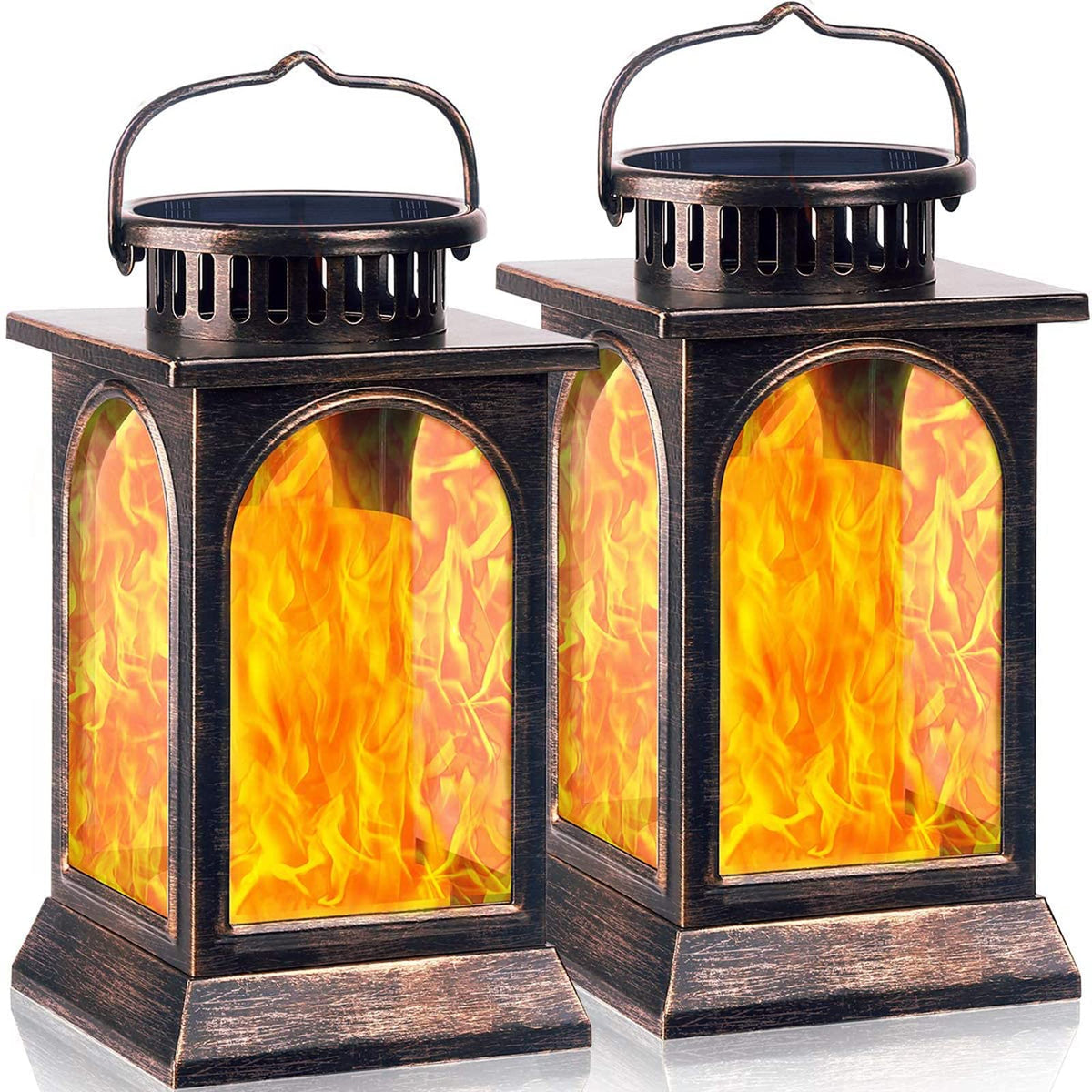 TomCare solar lantern with dancing flame for outdoor ambiance.