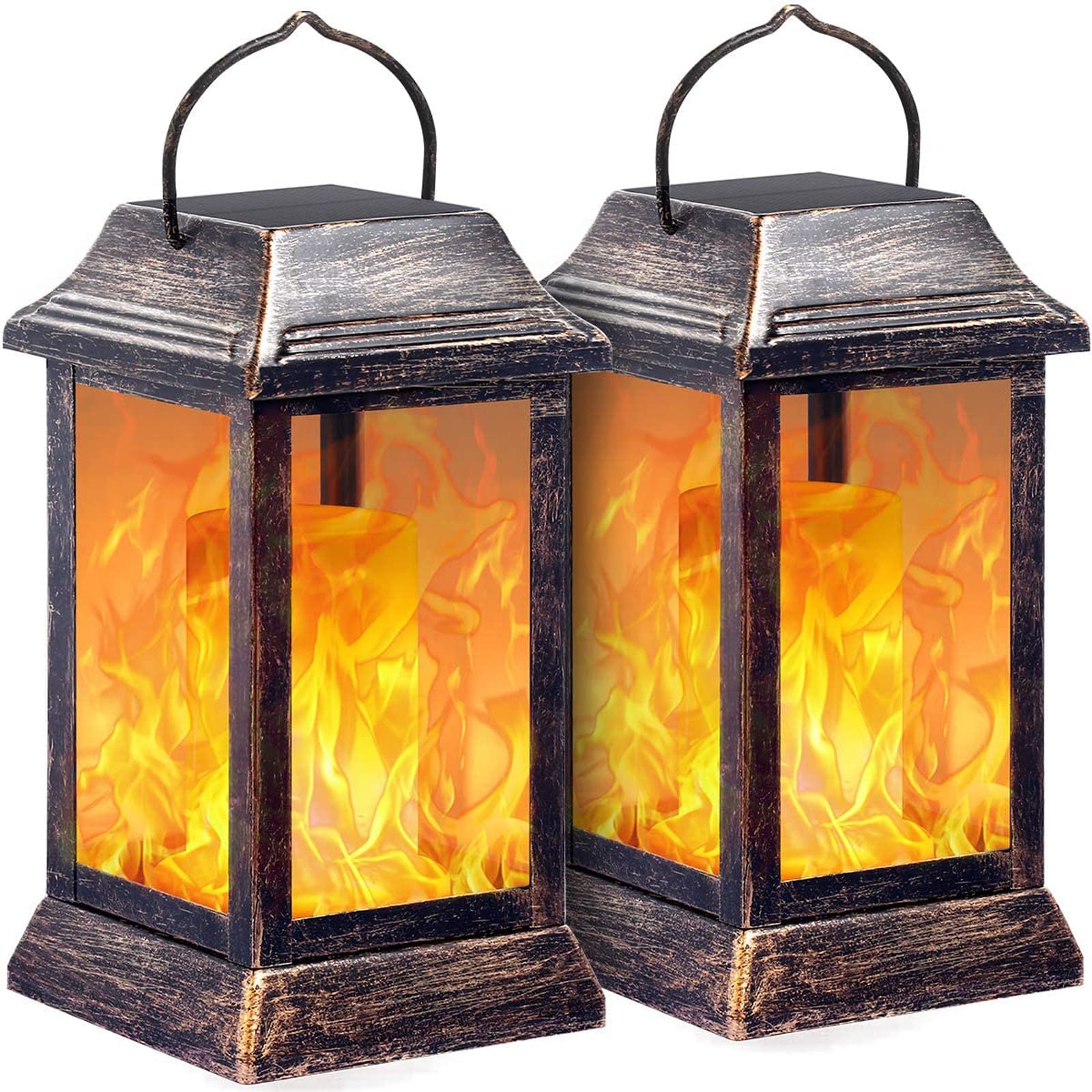 TomCare bronze solar lantern with flickering flame for outdoor ambiance.