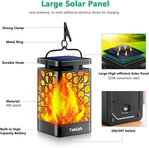 TomCare solar lantern easy-install setup with hanging clip and hook.