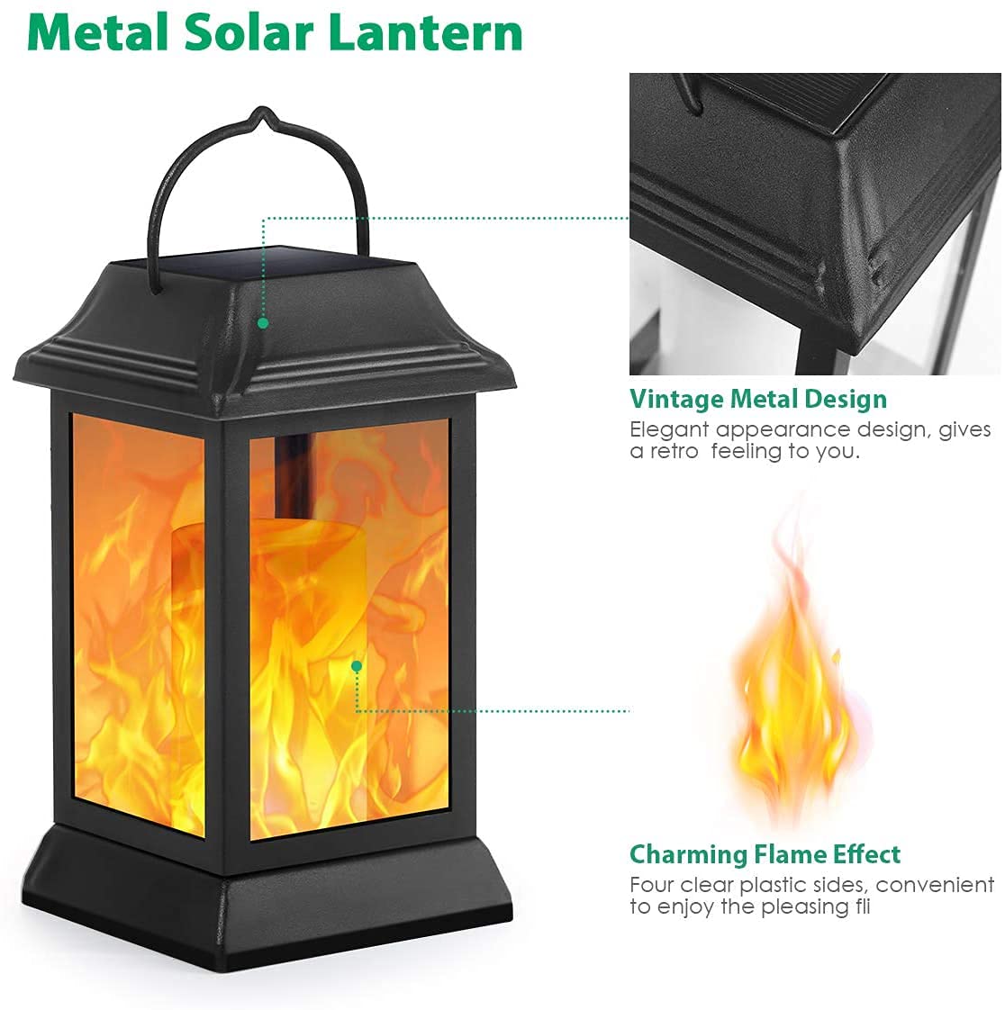 TomCare metal lantern features rustproof finish for year-round outdoor use.